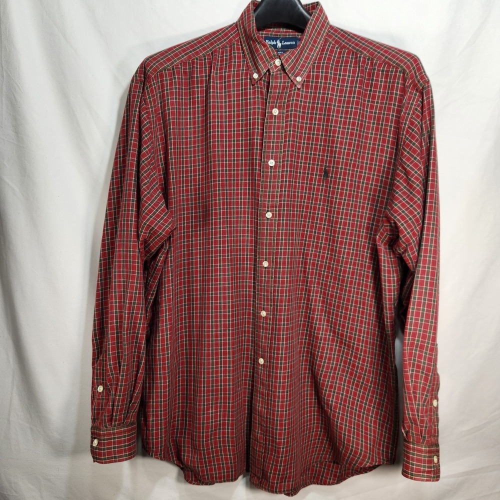 Ralph Lauren Blaire Mens‎ Shirt Sz XL Burgundy Green Plaid Long Sleeve Pony Logo